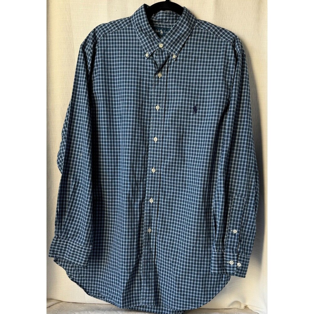 Ralph Lauren Mens Large Shirt Blue Green Plaid Check Classic Fit Button Down
